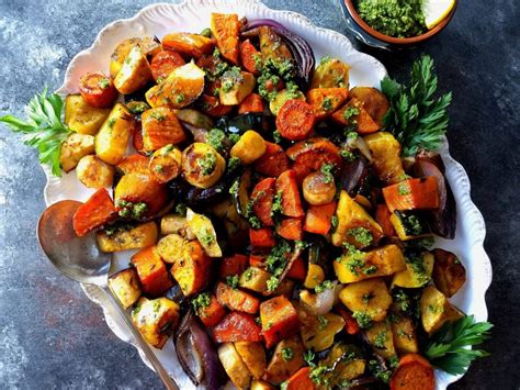 roasted root vegetables with honey balsamic vinegar and fresh goat cheese