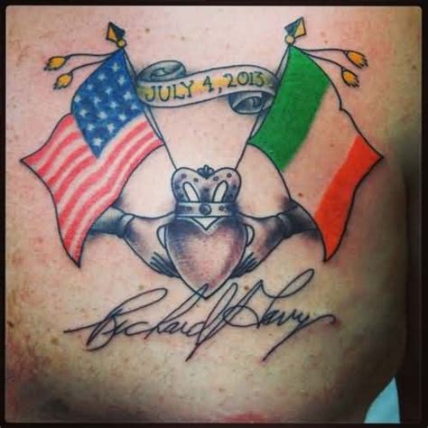 American and Irish Flag Tattoo On Chest