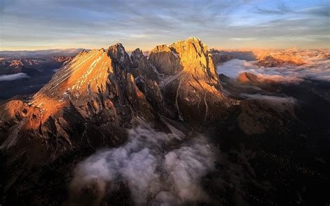 landscape, Nature, Mountain, Sunrise, Alps, Dolomites (mountains), Italy, Aerial View, Clouds ...