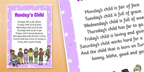 Monday's Child Nursery Rhyme Poster - EYFS songs - Twinkl