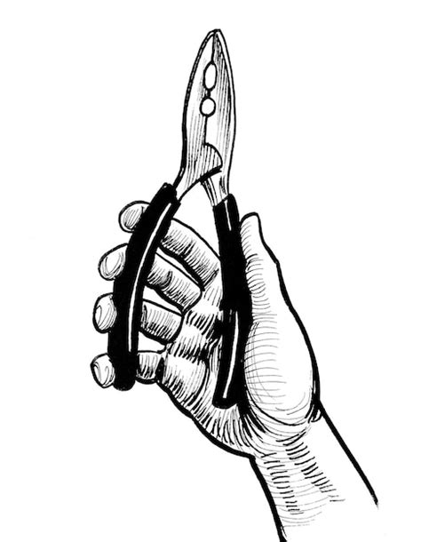 Premium Photo | Hand holding pliers tool. Ink black and white drawing