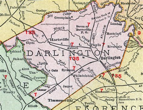 Darlington County, South Carolina, 1911, Map, Rand McNally, Hartsville, Lamar, Dovesville