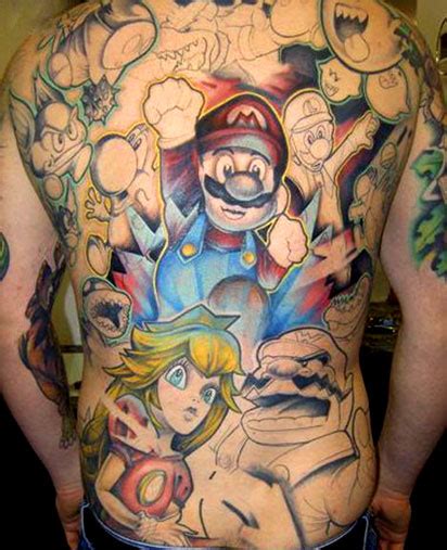 Huge Super Mario Brothers Back Tattoo