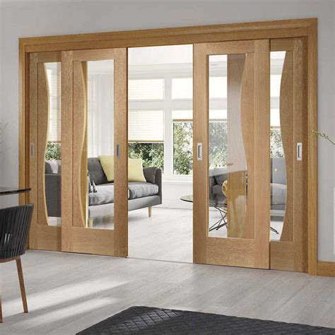 Pass-Easi Four Sliding Doors and Frame Kit - Emilia Oak Flush Door - Stepped Panel Design ...