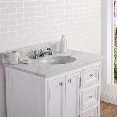 36" Wide Pure White Single Sink Carrara Marble Bathroom Vanity