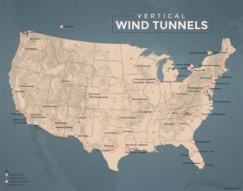 US Indoor Skydiving Vertical Wind Tunnels Map 11x14 Print - Best Maps Ever