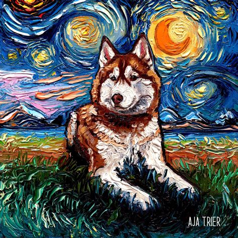 Red and White Siberian Husky Art Starry Night Art Print dog | Etsy