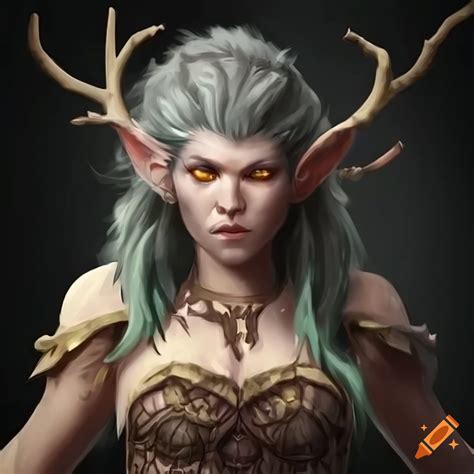 Image of a female druid with grey-green hair and yellow eyes on Craiyon