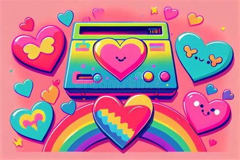 Retro Hearts in Trendy Y2k Psychedelic Style Over Pink. Y2K Aesthetic ...