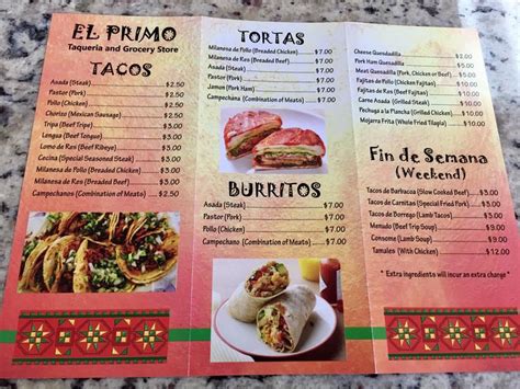 Menu at Abarrotes El Primo, Sun Prairie