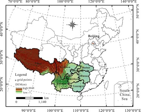 Overview map of the SW China, with the 0.5° grid points | Download Scientific Diagram