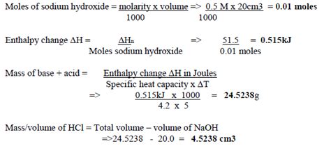 The molar enthalpy of neutralization was experimentary shown to be 51.5kJ per mole of 0.5M ...