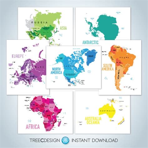 Continents and Countries Map of the World Digital Download - Etsy