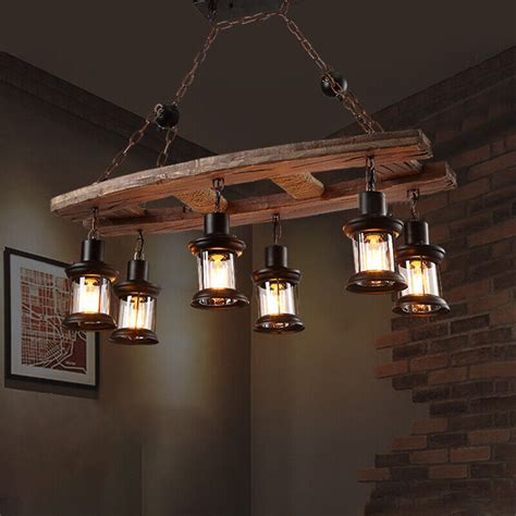 6-Light Farmhouse Wood Chandelier Rustic Glass Lantern Ceiling Lighting ...