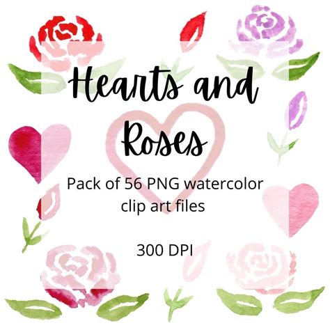 Hearts and Roses Watercolor PNG Clip Art Pack, for Personal and ...