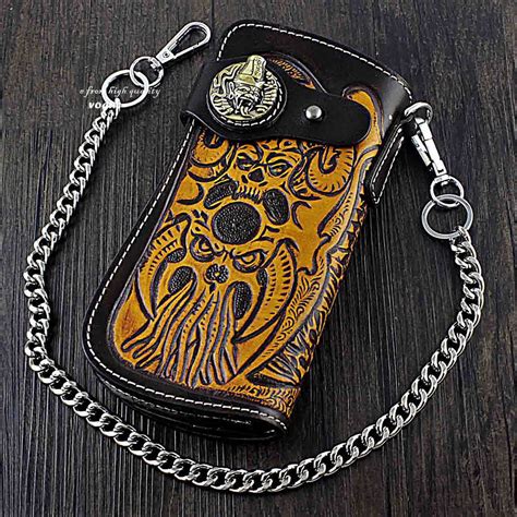 Badass Skull Leather Men's Long Wallet with Chain Biker Wallet Chain W