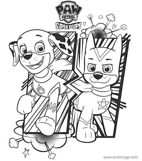 Marshall and Chase from Paw Patrol Mighty Pups Coloring Pages - XColorings.com