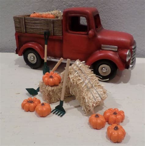 RED OLD STYLE TRUCK FALL HOME DECOR PUMPKINS HAY BALES FARMHOUSE THANKSGIVING | Red truck decor ...