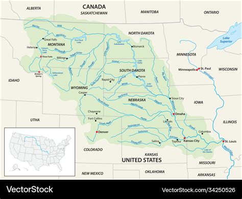 Map missouri river basin usa united Royalty Free Vector