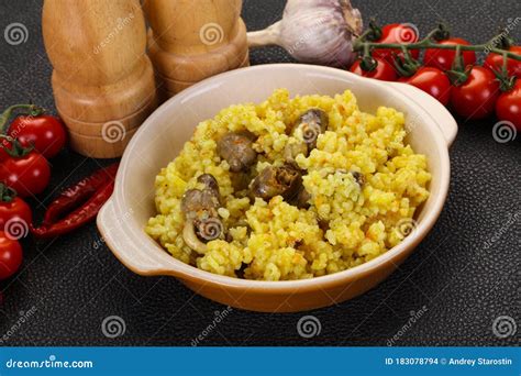 Rice with Chicken hearts stock photo. Image of prepared - 183078794