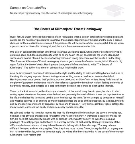 ⇉“the Snows of Kilimanjaro” Ernest Hemingway Essay Example | GraduateWay