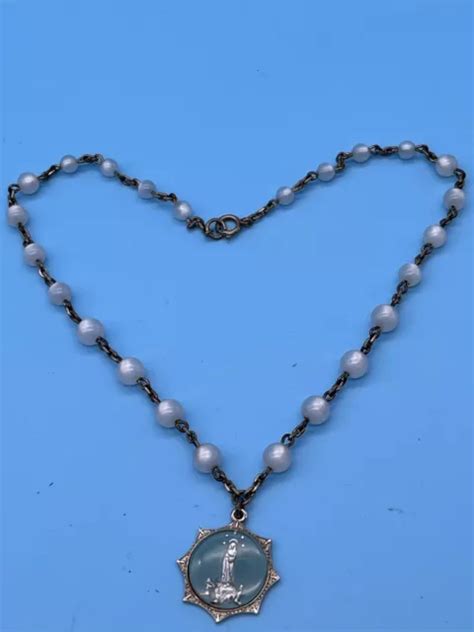 VTG STERLING OUR LADY OF FATIMA Rosary PENDANT HOLY MEDAL Sacred Heart ...