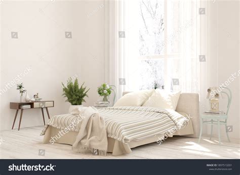 White Bedroom Interior Scandinavian Design 3d Stock Illustration ...