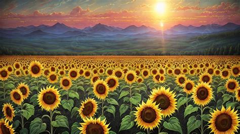 Painting Sunflower Field On Sunset Ai Generated Background, Sunset ...