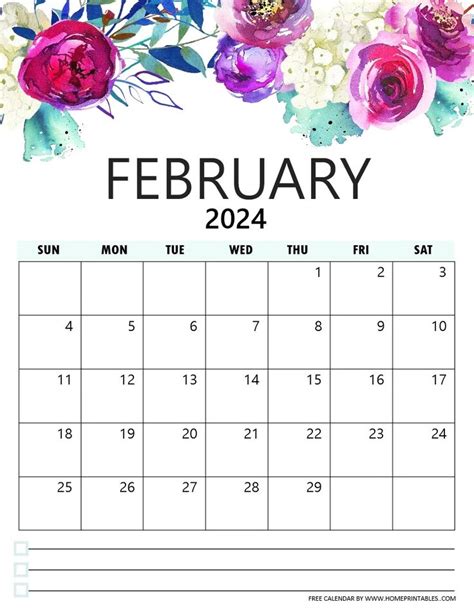 a calendar with flowers on it for the month of february