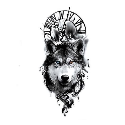 WOLF CLOCK TATTOO - Wolf Temporary Tattoo | Clock tattoo, Wolf tattoos ...