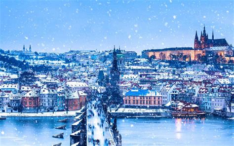 Download wallpapers Charles Bridge, Prague, Christmas, winter, snow, city panorama, Czech ...