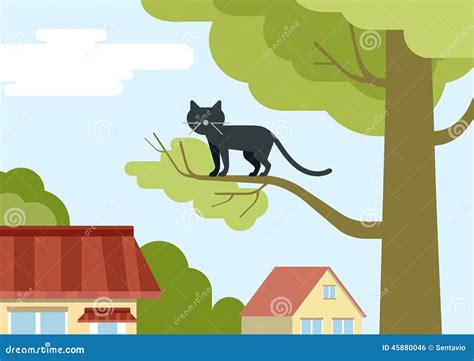 Cat On Tree Branch On The Street Flat Design Cartoon Vector Pets Stock Vector - Illustration of ...