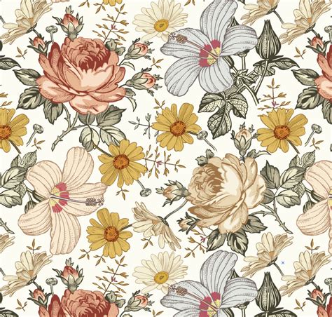 Boho Floral Wallpaper Peel and Stick/ Boho Hand Drawn Floral Wallpaper ...