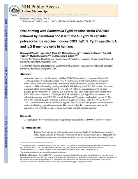 (PDF) Oral priming with Salmonella Typhi vaccine strain CVD 909 ...