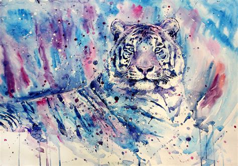 white Tigers, Tiger, Artwork, Painting, Watercolor, Blue, Purple ...