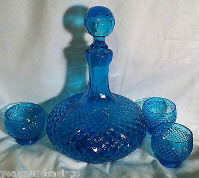 1960s blue glass decanter set with cordial glasses. Mid century modern ...