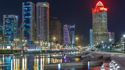 The Skyline of Doha by Night with Starry Sky Seen from Park Timelapse ...