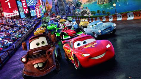 Cars animated movie cars are on the mater Piston Cup challenge track ...