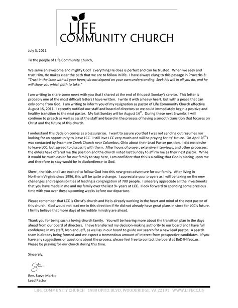 Church Ministry Resignation Letter Sample - Sample Resignation Letter