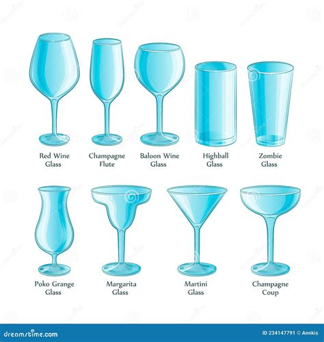 Types of Empty Cocktail Glasses in Color with Names Stock Illustration ...