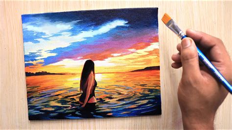 Acrylic painting of Beautiful sunset beach with girl step by step - YouTube