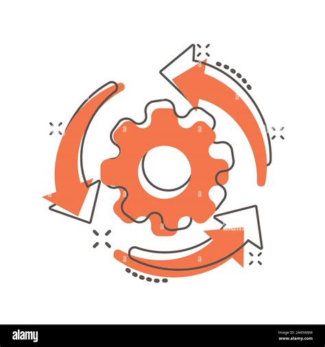 Workflow process icon in comic style. Gear cog wheel with arrows vector ...