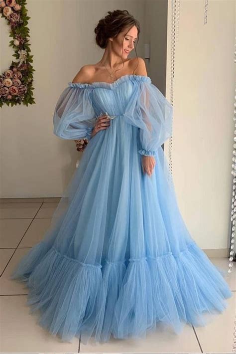 Blue Tulle Off Shoulder Puffy Sleeves Long Prom Dress, Evening Dress on ...