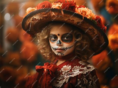 Premium AI Image | Calavera Catrina Portrait of kid with sugar skull makeup Halloween costume