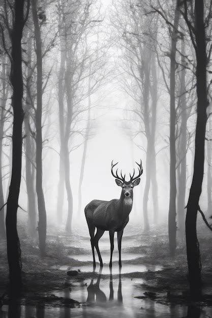 Premium Photo | Black and white portrait of deer in misty forest copy space created using ...