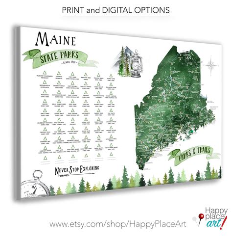 Maine State Park Map Gift, Maine Hiking Map, State Park Checklist for ...