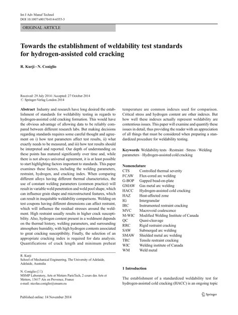 (PDF) Towards Establishment of Weldability Test Standards for Hydrogen Assisted Cold Cracking