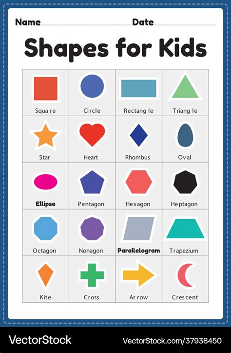 2d shapes for kids printable sheet for preschool Vector Image