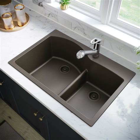 MRDirect Low-Divide Granite Composite 33" x 22" Double Basin Drop-In Kitchen Sink with Basket ...