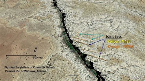 Joint network in the Coconino Sandstone about 15 miles SSE of Winslow, Arizona. The two nearly ...